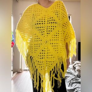 Vintage handmade crocheted  lightweight yellow poncho